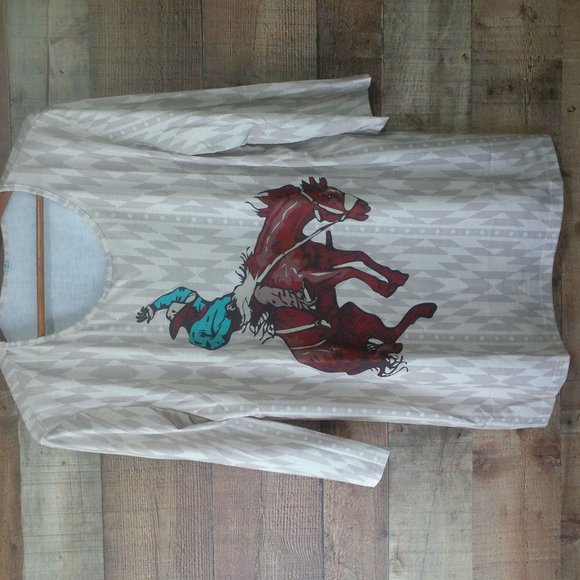 bronco horse with cowboy crazy train NWT never worn 2xl cream aztec print - Picture 2 of 5